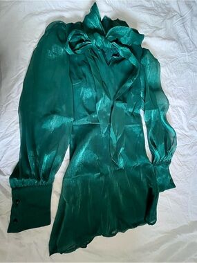 SHEIN Emerald Green Long Sleeve Satin Dress with Tie Neck
